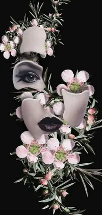 This stunning phone live wallpaper showcases a woman's face covered with various colorful flowers arranged in a pop surrealism style