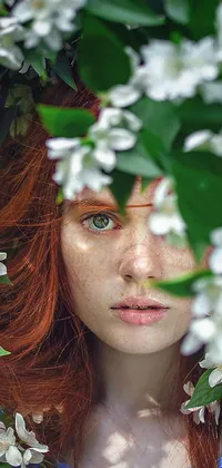 This phone live wallpaper features a highly realistic close-up of a woman's face with colorful flowers in the background