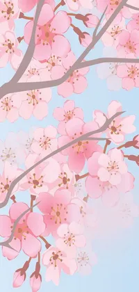 This beautiful phone live wallpaper features a pink flower tree designed in a vector art style against a blue sky with a Sōsaku Hanga influence