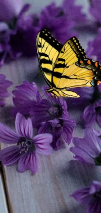 This phone live wallpaper showcases a lovely yellow butterfly resting on a cluster of purple flowers