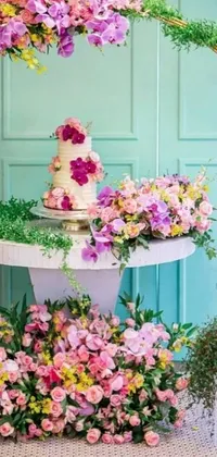 This vibrant live wallpaper features a beautifully decorated cake atop a flower-adorned table