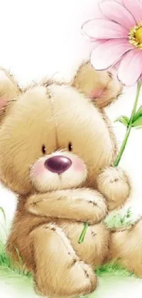 Get delighted with this adorable phone live wallpaper that displays a brown teddy bear holding a pink flower in its paw