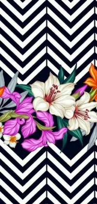 This live wallpaper features an elegant bouquet of tropical flowers illustrated on a black and white zigzag background