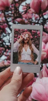 This live wallpaper captures the beauty of nature with a charming scene of a person holding a polaroid picture in front of a tall tree