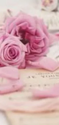 This phone live wallpaper features a beautiful bunch of pink roses resting on a piece of paper, set against a romantic backdrop of musical notes dancing elegantly
