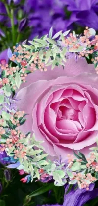 This live phone wallpaper features a digital art-inspired close-up of a pink rose surrounded by purple flowers and leaves