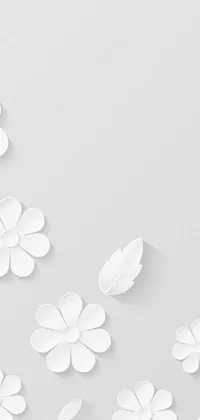 This phone live wallpaper features a group of beautiful paper flowers displayed in vector art, with a white minimalistic background and a solid light grey background