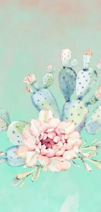 This phone live wallpaper showcases a beautifully detailed painting of a cactus with pink flowers in a pastel and romantic color scheme