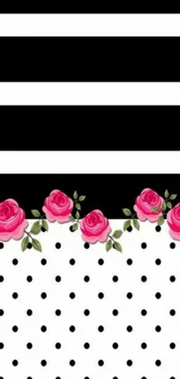 This phone live wallpaper features black and white stripes with pink roses, topped with a vintage-inspired crown of roses