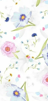 This phone live wallpaper features a beautiful blend of blue and pink flowers on a white background