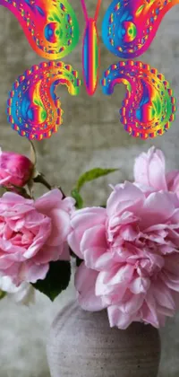 This mesmerizing phone live wallpaper showcases a beautiful vase brimming with pink flowers and a delicate butterfly set against a psychedelic background