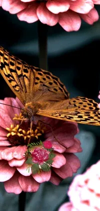 This stunning phone live wallpaper features a charming butterfly resting on a vibrant pink flower against a backdrop of fluttering birds and more butterflies