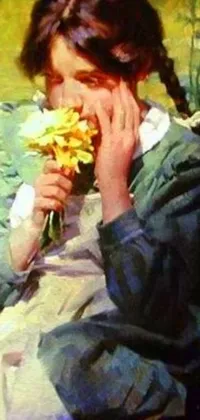This phone live wallpaper features a stunning impressionist painting of a young girl holding a vibrant bouquet of daffodils