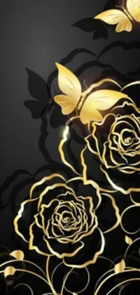 This stunning live wallpaper features luxurious gold roses and butterflies set on a dark background