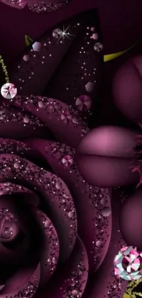This phone live wallpaper showcases exquisite digital art of purple roses set on a table covered in maroon jewels