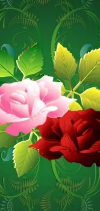 This live wallpaper depicts two colorful and detailed roses surrounded by lush green leaves