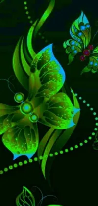 This green-themed phone live wallpaper features digitally rendered butterflies with glowing, jeweled wings set against a backdrop of green neon signs