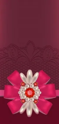 Get mesmerized by the beauty of this stunning live wallpaper featuring a vector artwork of a pink ribbon with a delicate flower embellishment on a baroque-style red fabric