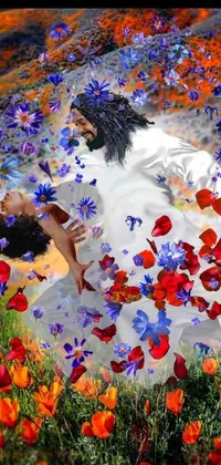This stunning live wallpaper showcases a digitally rendered image of a man and a woman, lying in a beautiful field of flowers
