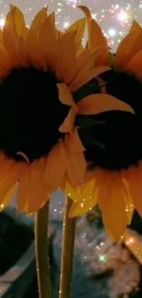This phone live wallpaper highlights a stunning close-up photo of two sunflowers delicately held on someone's hand