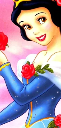 This phone live wallpaper features a stunning woman dressed in blue, holding a beautiful red rose