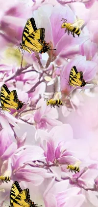 This live wallpaper features beautiful butterflies atop a purple flower complimented by a background of magnolias, yellow wallpaper, pink tigers, and green leaves