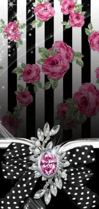 This live wallpaper features a stylish black and white striped background with vibrant pink roses and intricate rococo-style art