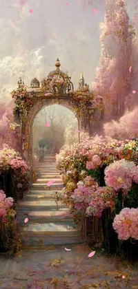 This stunning live wallpaper for your smartphone features an intricate painting of a lush garden with pink flowers, giving off romantic and whimsical vibes