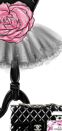 This phone live wallpaper features a pink rose on a mannequin, digitally rendered with a modern and glamorous tutu design