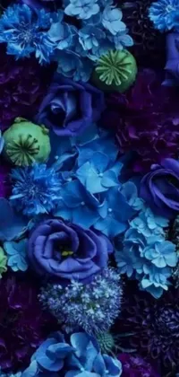 This phone live wallpaper features a stunning close-up of purple and blue flowers