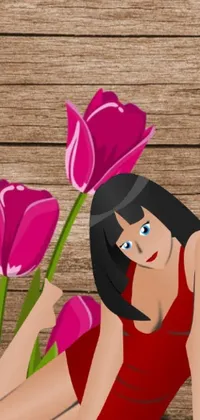 Get a stunning live wallpaper for your phone featuring a beautiful woman in a red dress holding a bunch of pink tulips