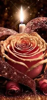 This phone live wallpaper is a beautiful and elegant digital art creation featuring a stunning rose in the shape of a heart with a candle