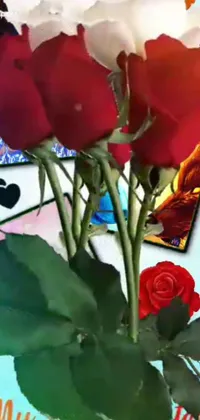 This live wallpaper for phones exhibits a vase of red and white roses arranged in a romantic manner, using digital art
