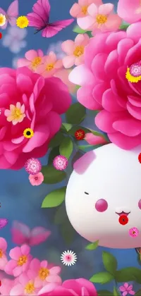 This live phone wallpaper showcases a beautiful 3D-rendered Japanese mascot: a white egg adorned with pink flowers and butterflies