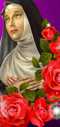 This phone live wallpaper is a digital rendering of a serene painting featuring a nun holding a bunch of red roses