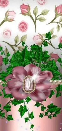 This phone live wallpaper showcases a stunning pink rose surrounded by ivy leaves and pearls in a digital art style