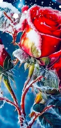 Bring the beauty of winter into your phone with the stunning red roses on a bed of snow in this close-up wallpaper