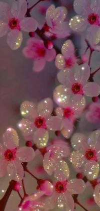 Experience a beautiful, dynamic live wallpaper on your phone! This digital art features close-up of flowers in bloom on a tree with glowing glittery dust, pink diamonds, and a gorgeous galaxy in the background