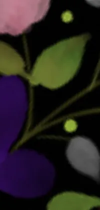 This live wallpaper showcases a vivid painting of a purple floral arrangement on a black background