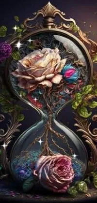This phone live wallpaper displays a stunning fantasy-inspired artwork of an hourglass, featuring a unique flower inside that stands out beautifully with elaborate colors