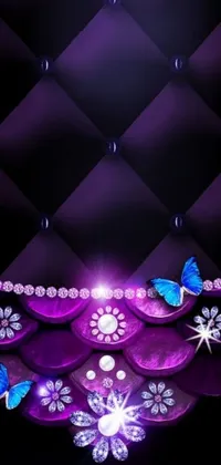 This phone live wallpaper boasts a striking purple background featuring sparkling diamonds along with delicate butterflies