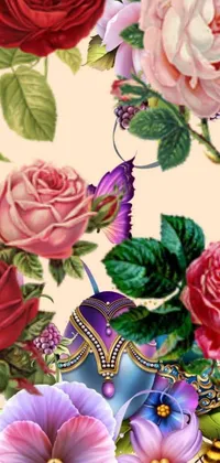 This live wallpaper boasts a stunning display of digital art with a bouquet of flowers atop a vibrant rose background