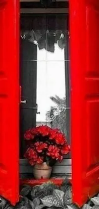 This phone live wallpaper showcases a stunning black and white photograph of a red window that resembles a photorealistic painting