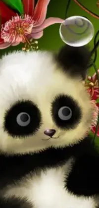 Get this stunning live wallpaper for your phone showcasing an adorable panda bear surrounded by cheerful flowers and bubbles