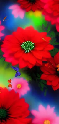 This vibrant live phone wallpaper features a digital painting of red, white, and blue flowers, with neon and fluorescent colors