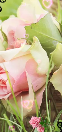 This stunning phone live wallpaper showcases a basket full of delicate pink roses sitting amongst lush green grass