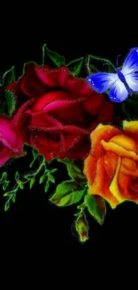 This stunning live wallpaper for your phone features a digital painting of roses and a butterfly against a black background