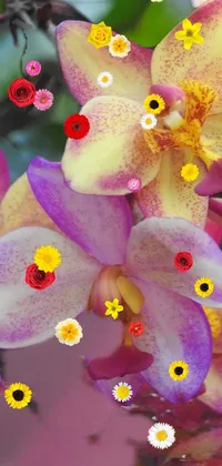 Looking for a truly stunning phone wallpaper that will add a touch of elegance and serenity to your device? Look no further than this gorgeous live wallpaper, which features a close-up shot of some beautiful purple and yellow flowers set against a lush green backdrop