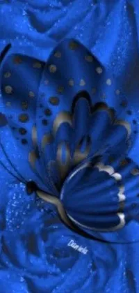 This phone live wallpaper showcases a digital rendering of a stunning blue rose and butterfly