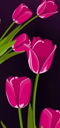 This phone live wallpaper showcases a vibrant digital painting of tulips, set against a black background